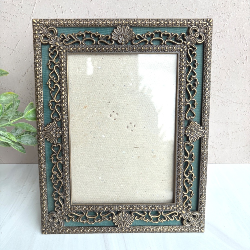 Vintage The Weston Gallery Ornate Bronze Metal 5x7 Picture Frame Teal Matting